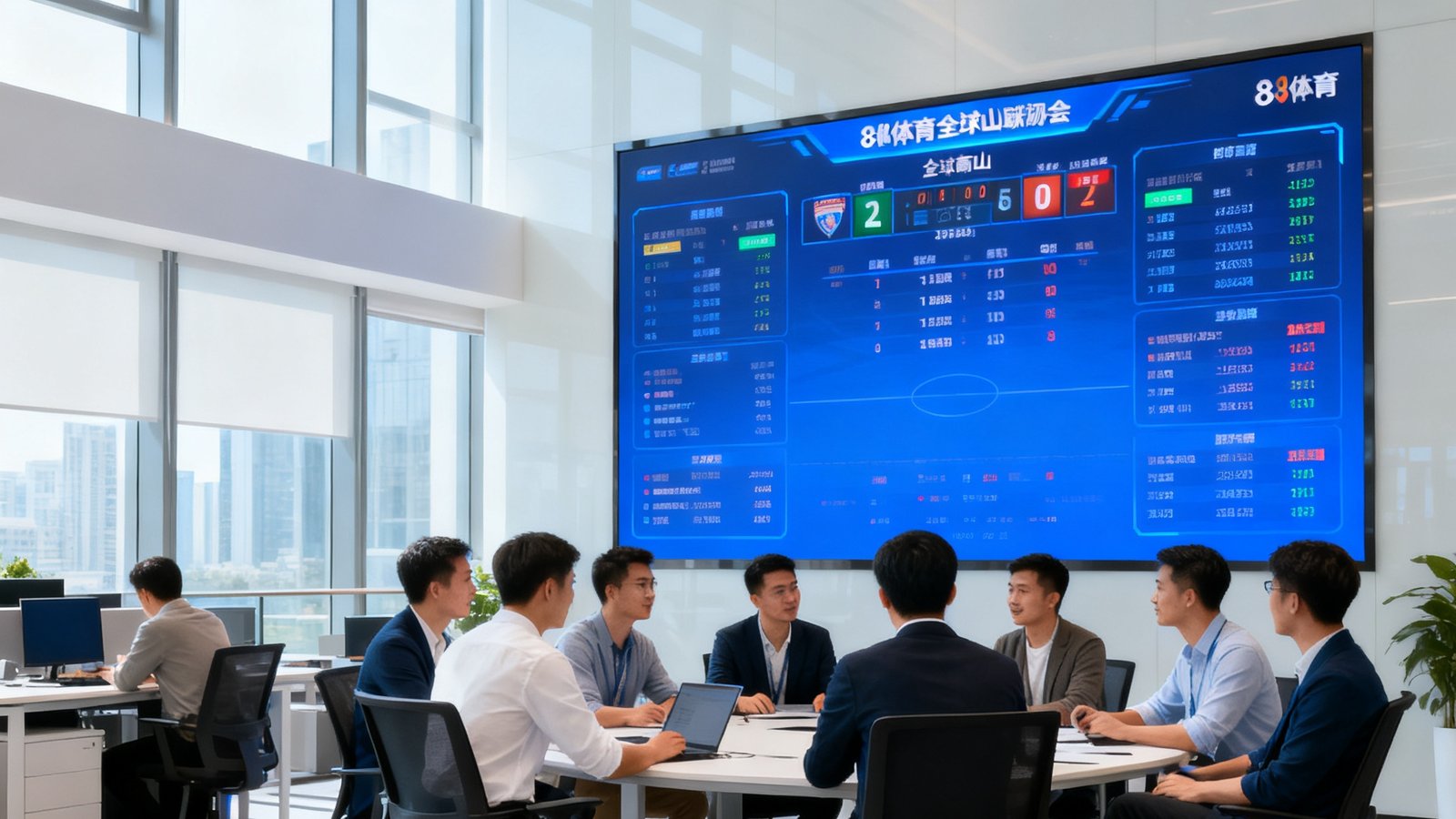 a8体育深圳南山总部办公室，宽敞明亮的开放式办公区，背景墙镶嵌实时数据大屏显示全球赛事比分，团队成员正在协作讨论