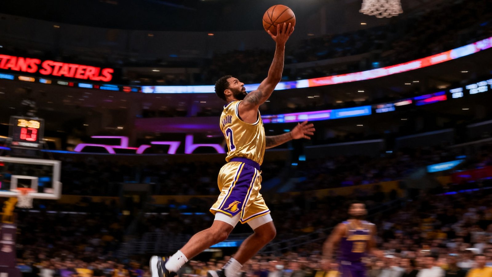 NBA常规赛直播，洛杉矶湖人主场斯台普斯中心，金色球衣球员正在快攻上篮，大屏幕显示108比102